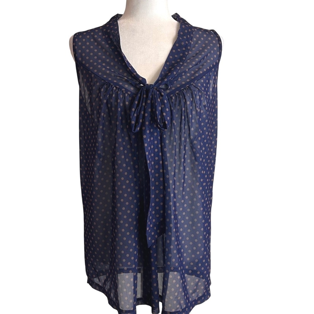 Urban Girl Navy Blue Polka Dot Sleeveless Bow Tie Blouse Plus Size 1X Feminine